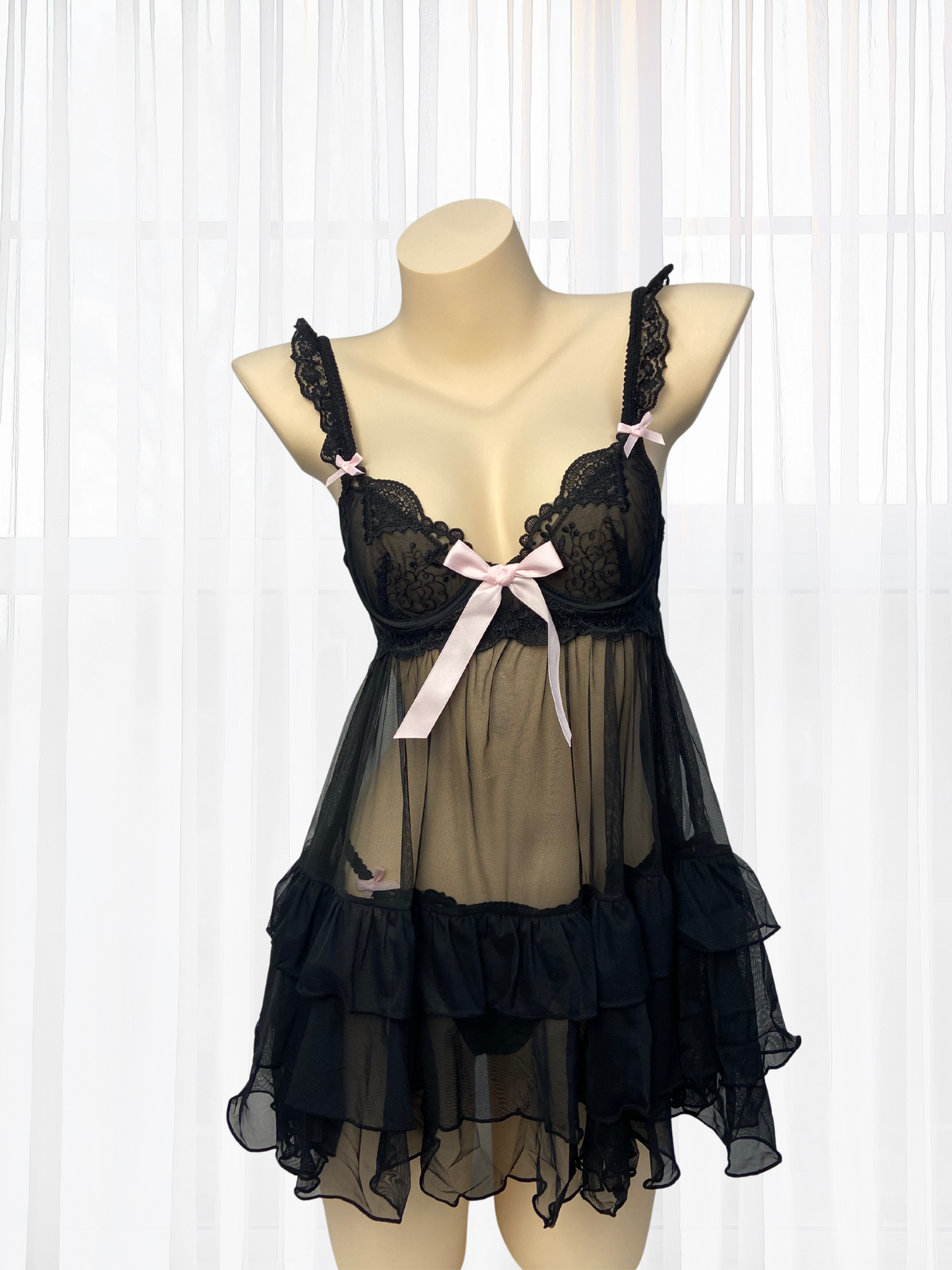 Wonder 18 Lainey Sheer Mesh & Lace Babydoll in Black