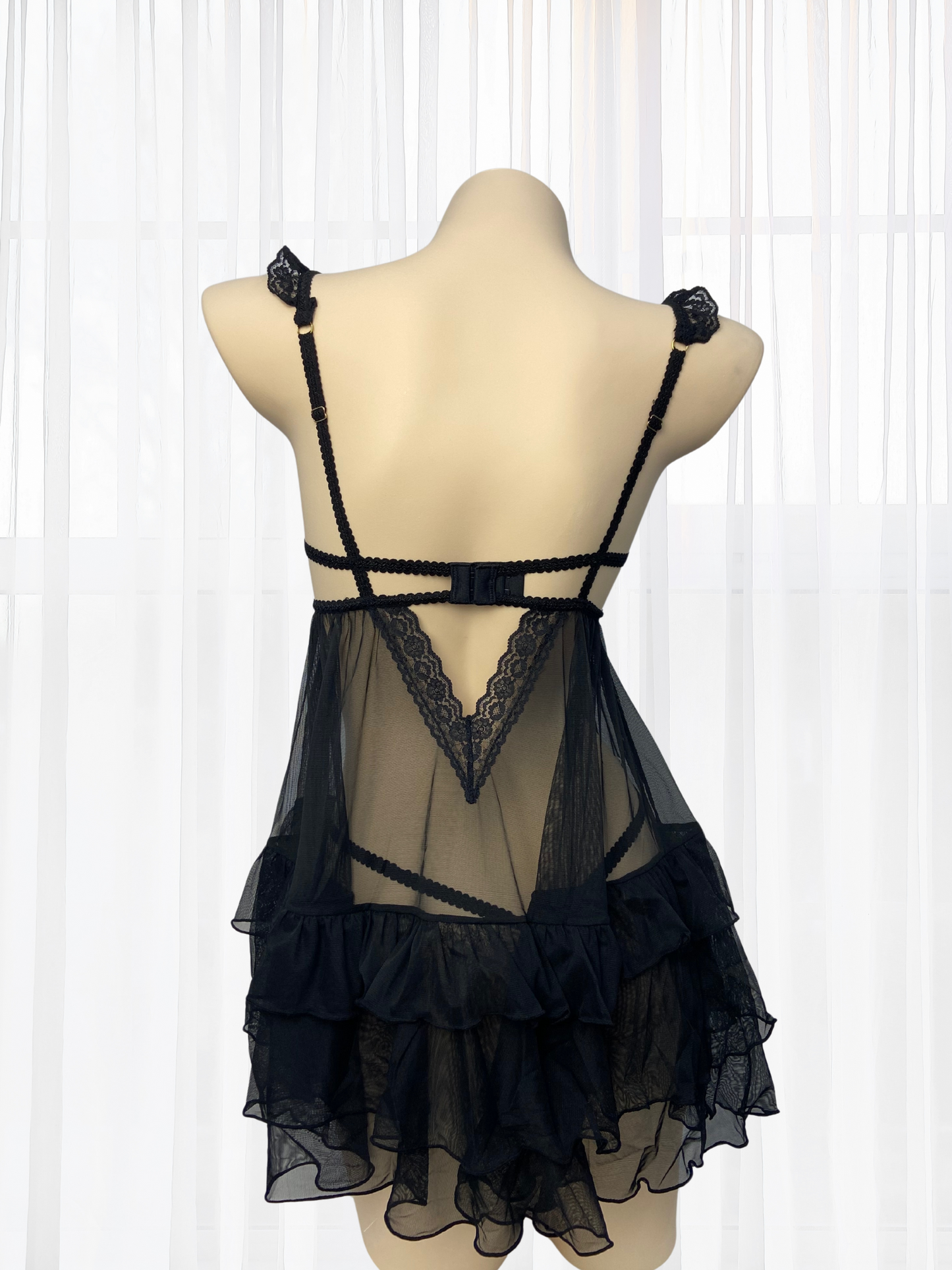 Wonder 18 Lainey Sheer Mesh & Lace Babydoll in Black