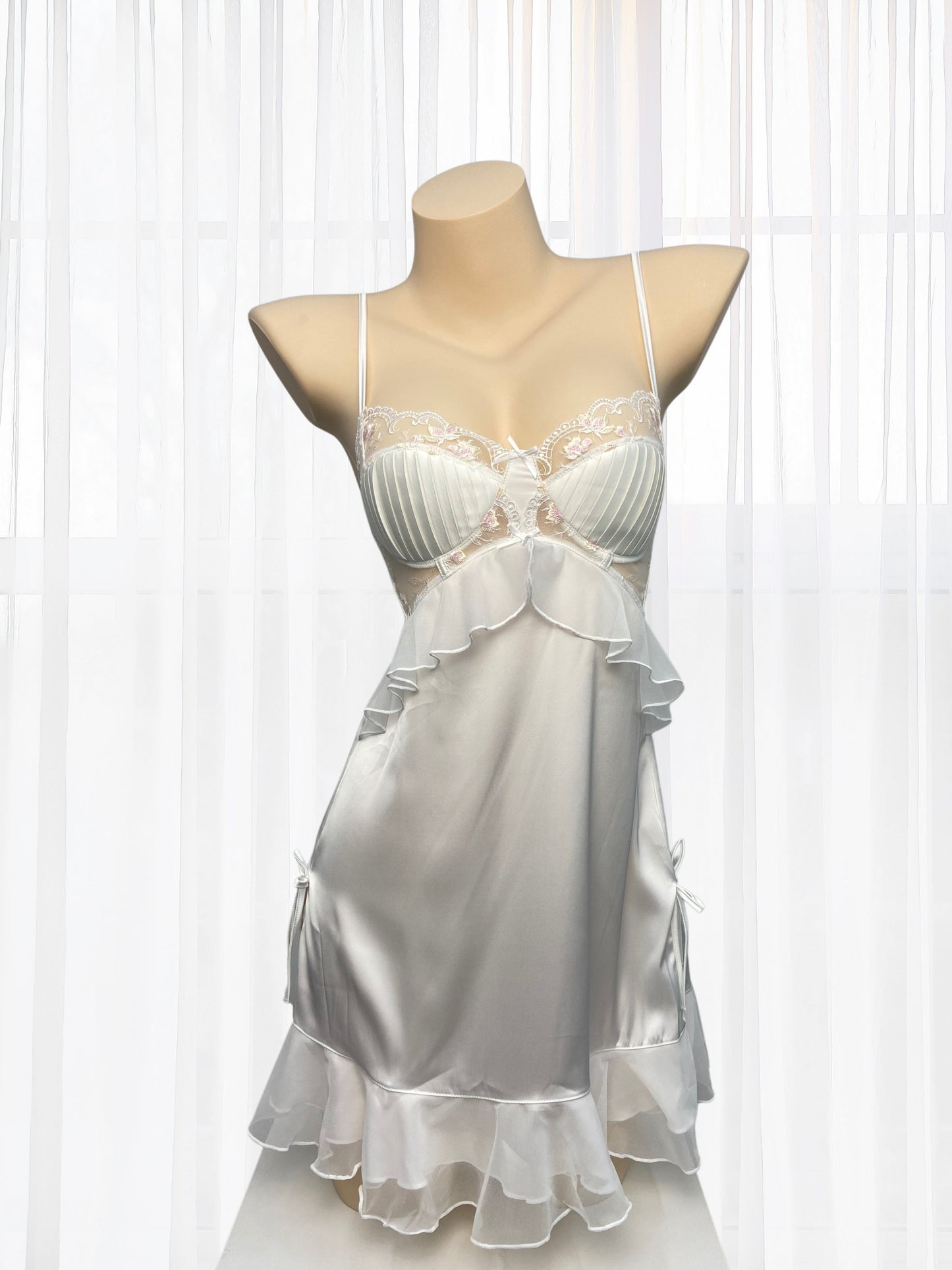white satin silky babydoll with pleated bra cup