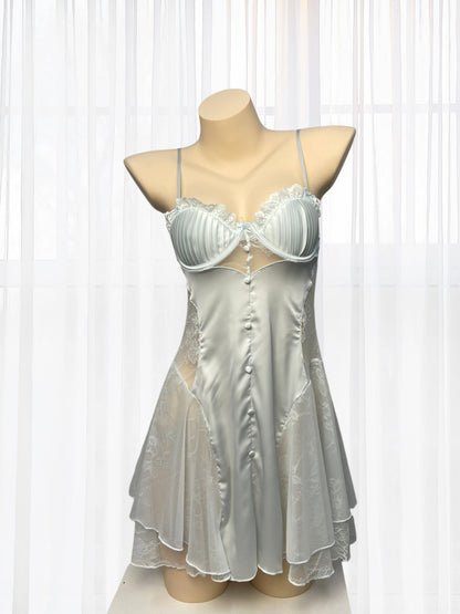 Wonder 18 Faye Satin Blue Babydoll with lace an sheer romantic dress
