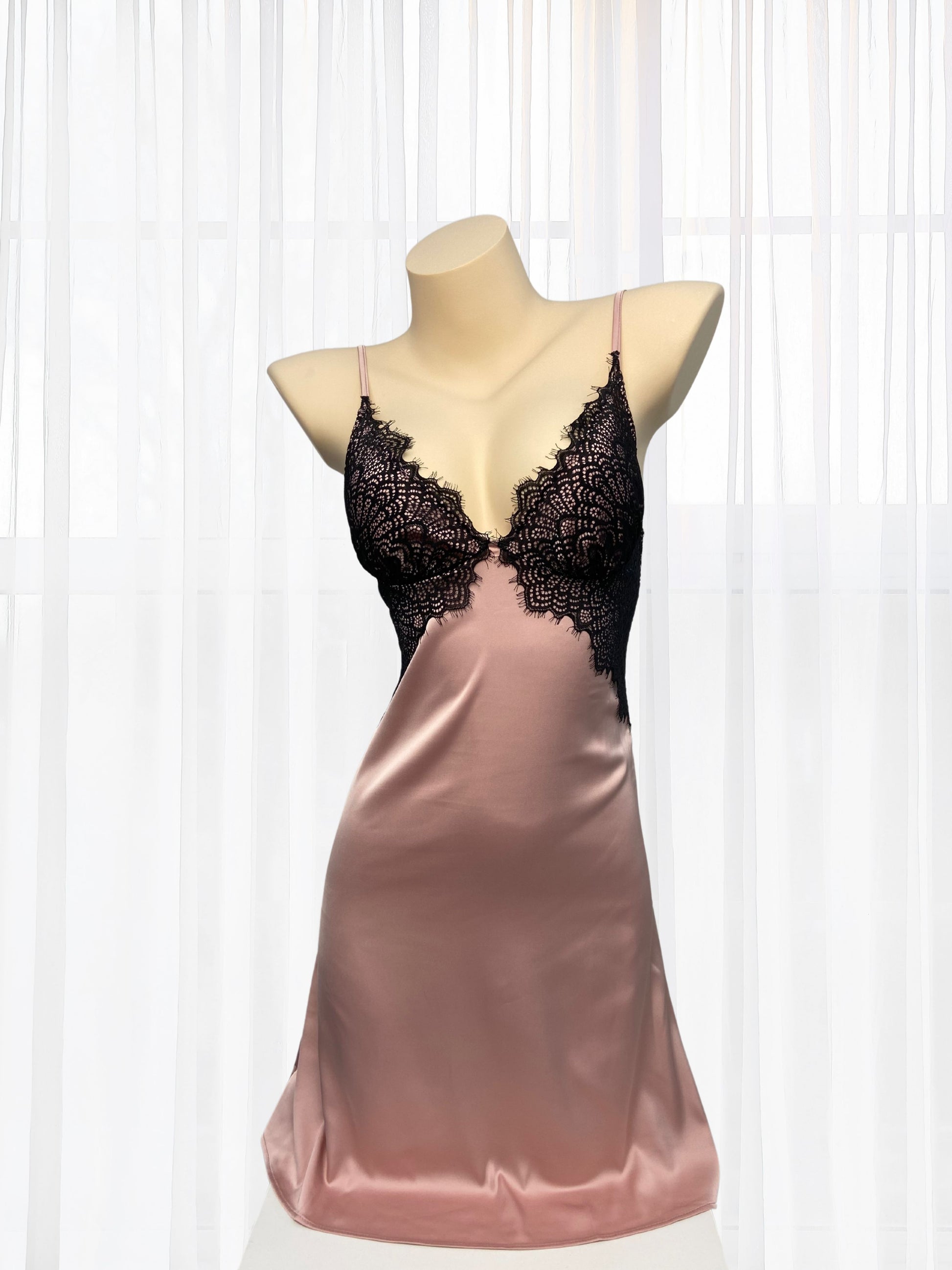 pink satin sleepdress with lace bra cup