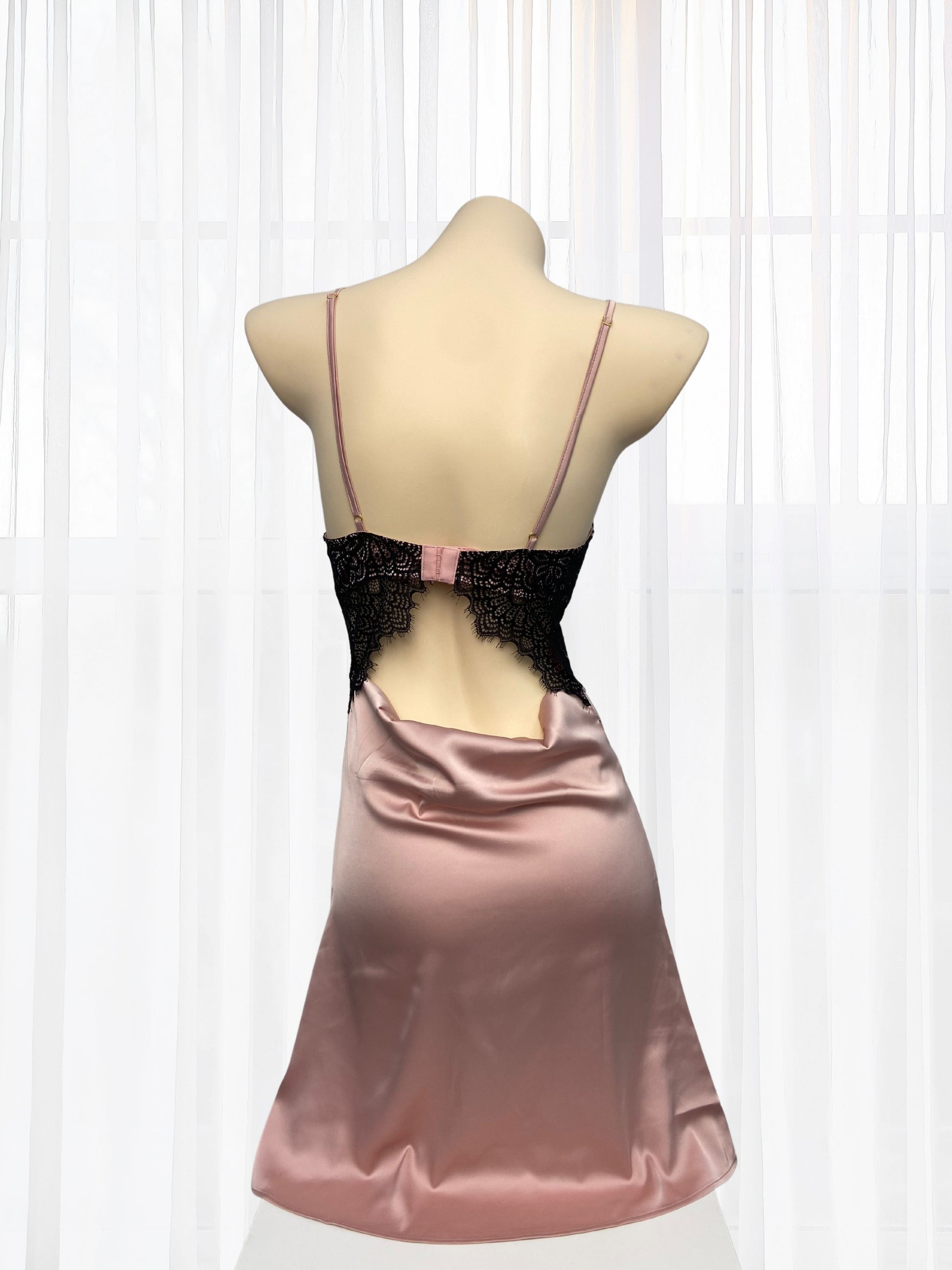 pink satin sleepdress with lace bra cup