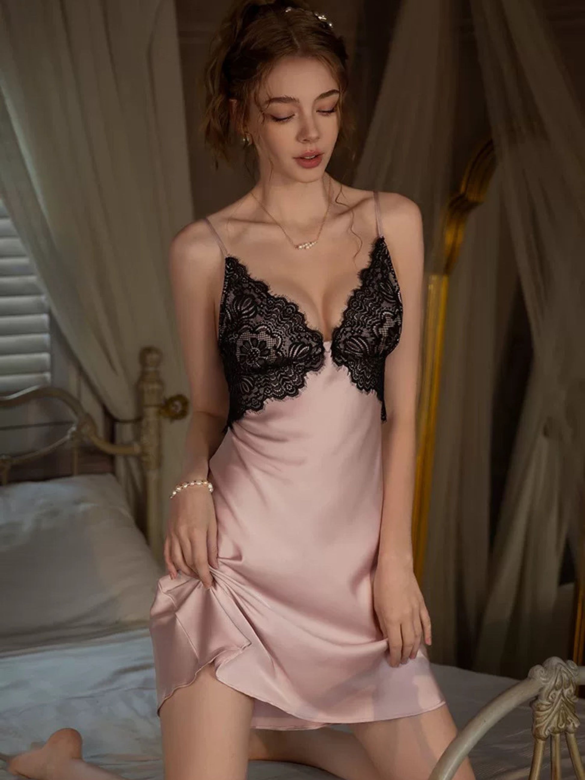 pink satin sleepdress with lace bra cup