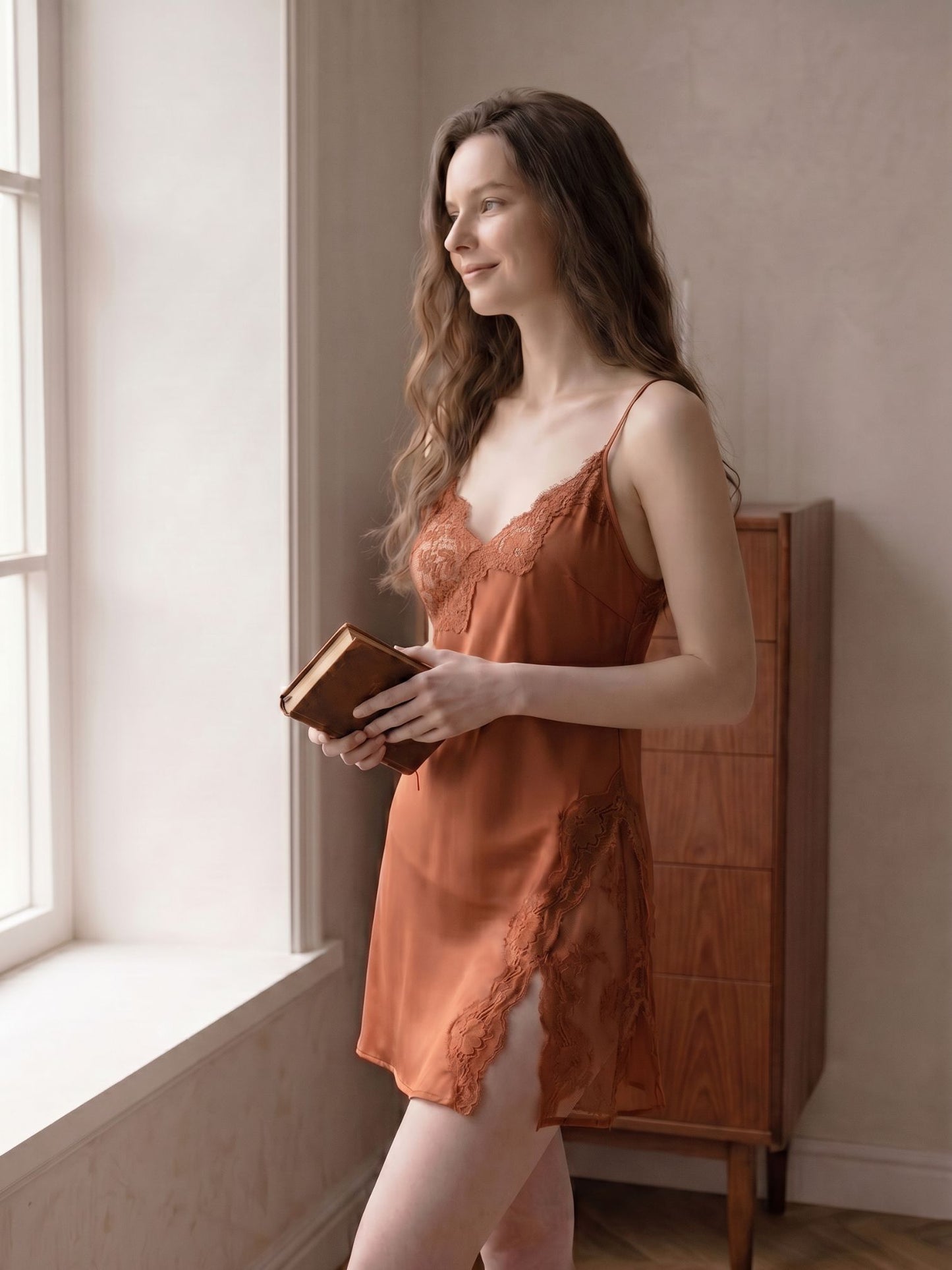Woman in an orange slip dress holding a book by a window