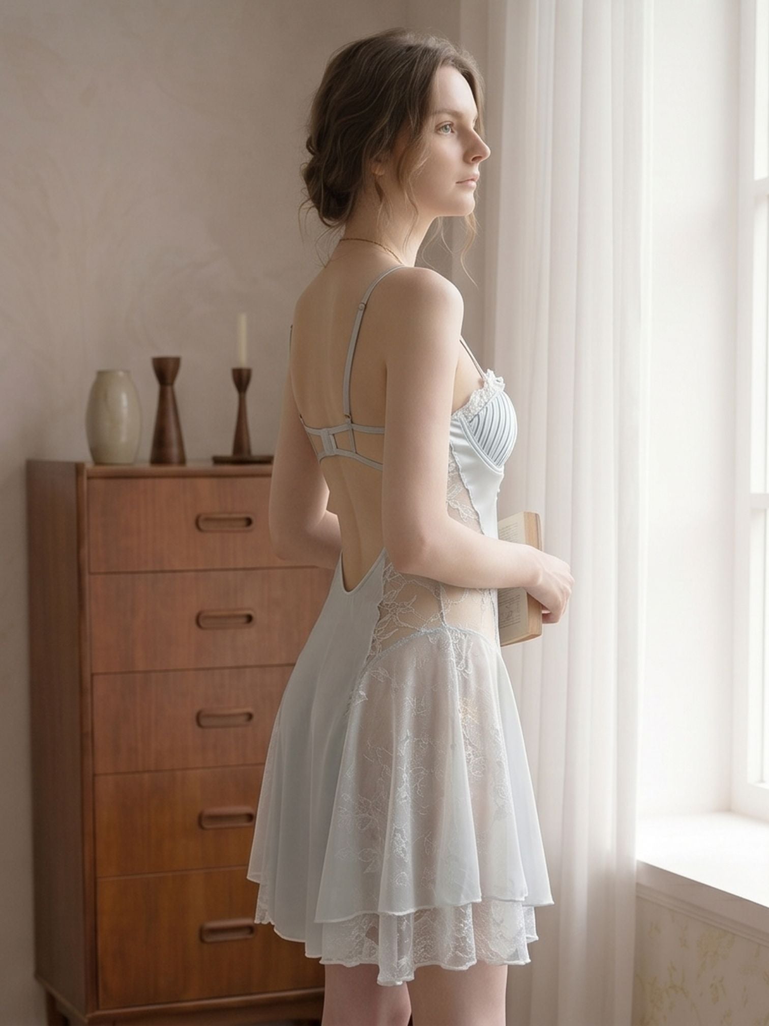 Wonder 18 Faye Satin Blue Babydoll with lace an sheer romantic dress