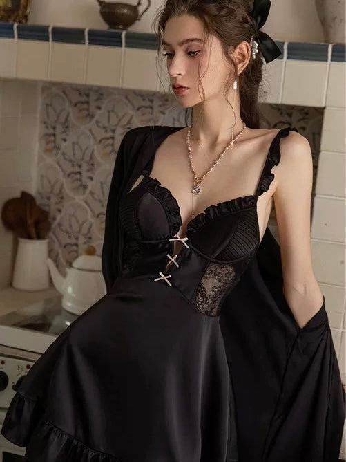 Wonder 18 Dion Satin Laced Babydoll Black with Robe
