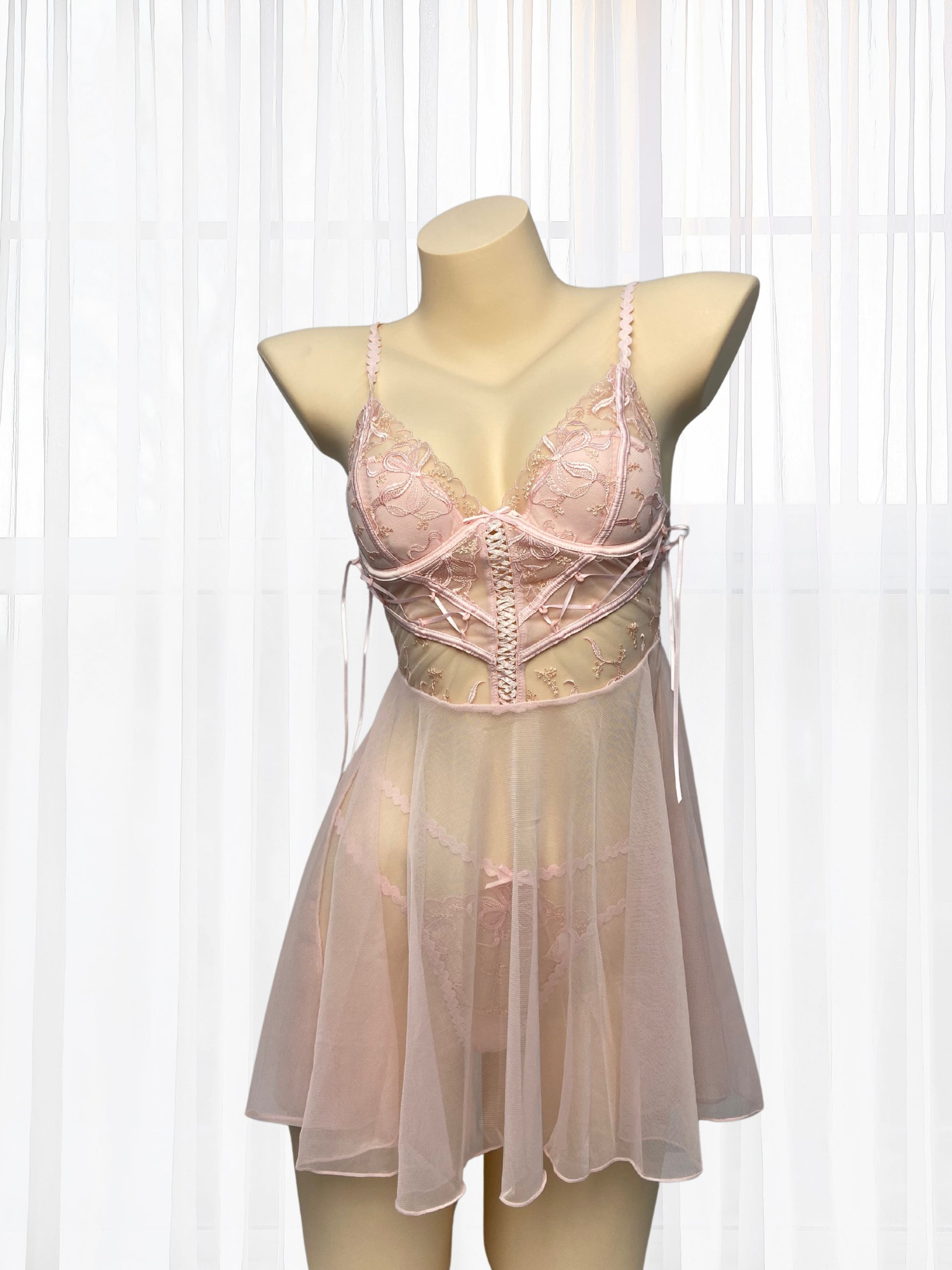 Pink sexy babydoll with sheer see through and matching panty
