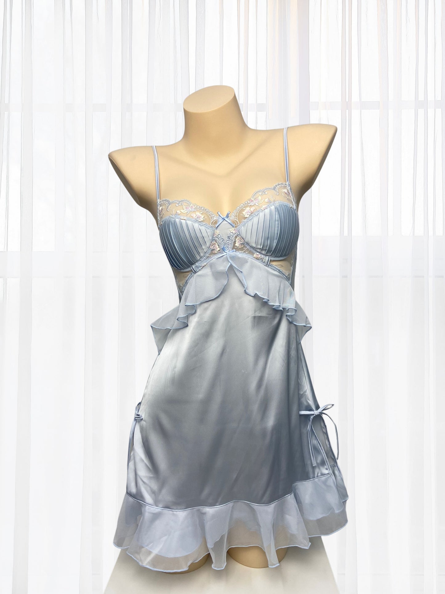 blue satin silky babydoll with pleated bra cup