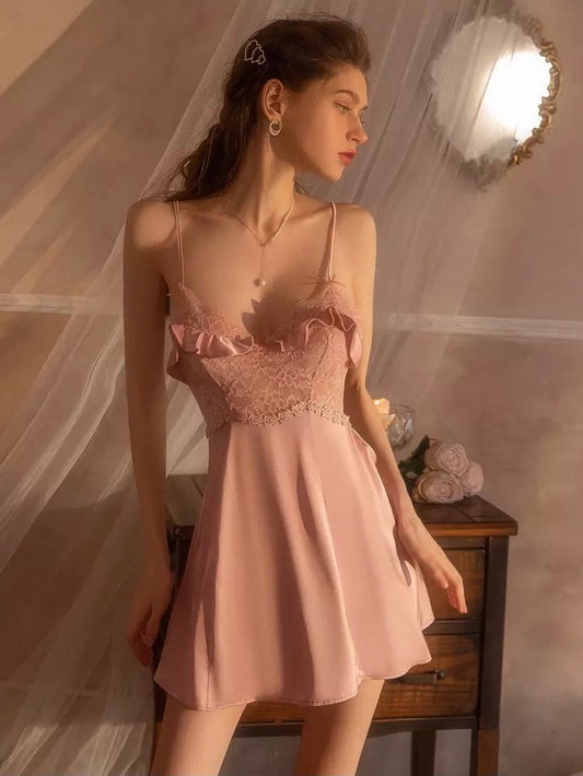 Sexy Nightwear Women Night Dress Sleepwear Small Chest Underwear with Chest Pads Lace Suspenders 