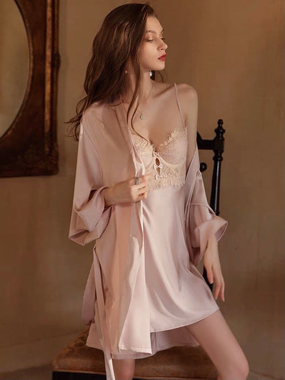 sexy pink nightdress lingerie with robe